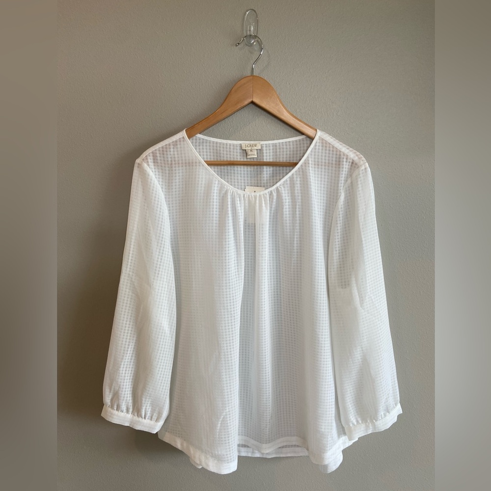 NWT J CREW White Sheer Gingham Blouse Gold Accent XL